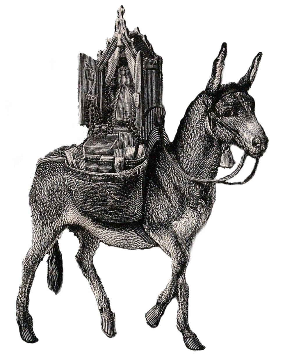 Engraving of a donkey carrying a shrine.
